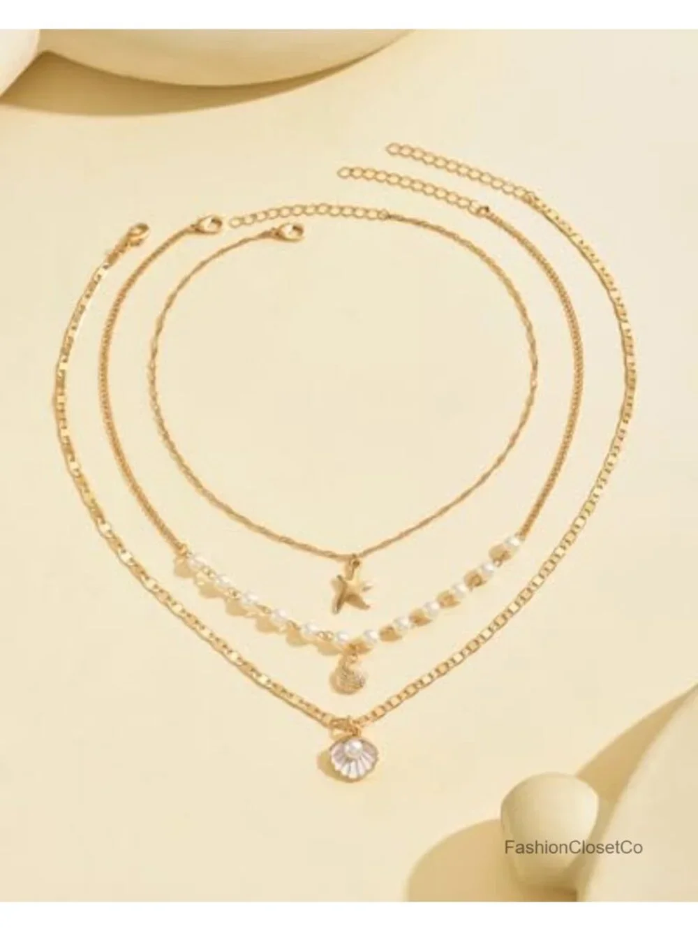 Set of 3 Bohemian Shell Pearl Puka Necklaces Gold Starfish Pendant Beach